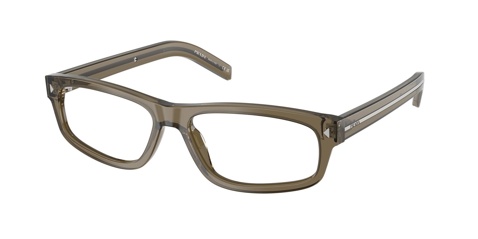 Das Bild zeigt die Prada Brille B02V in Braun transparent leicht schräg von der Seite.